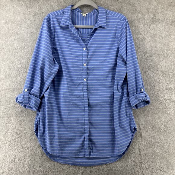 LL Bean Top Womens XL Blue Striped Button Up Notch Neck Roll Tab Sleeves Tunic - Picture 9 of 16